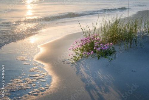 Sunrise on a sandy beach with wildflowers. Gentle waves lap at the shore,  soft pink flowers bloom on the dunes. Sunrise light bathes the scene in a warm glow