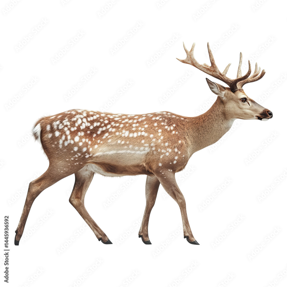 Fototapeta premium Sika deer, side view angle, walking pose, realistic photographic style