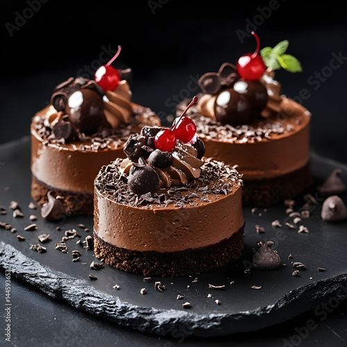 Mini chocolate mousse cakes topped with cherries and chocolate decorations