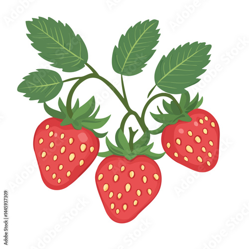 Fresh Strawberries Growing, Flat vector, minimalist design, isolated on a white background.