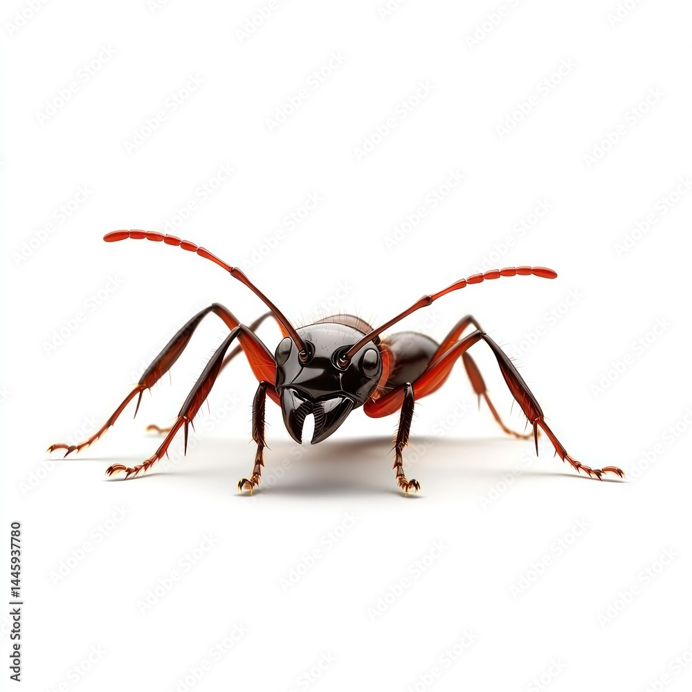 Fierce red and black beetle with large compound eyes sharp mandibles and hard chitin exoskeleton in a close up macro shot on a clean white background with ample copyspace Fierce red and black beetle with large compound eyes sharp mandibles and hard chitin exoskeleton in a close up macro shot on a clean white background with ample copyspace