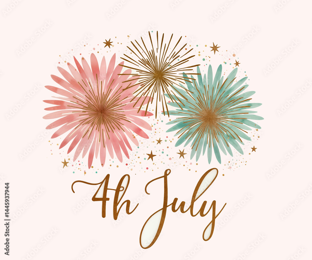 Unique 4th of July poster in pastel pink, mint, and gold with soft watercolor fireworks. Elegant typography for a fresh patriotic design twist