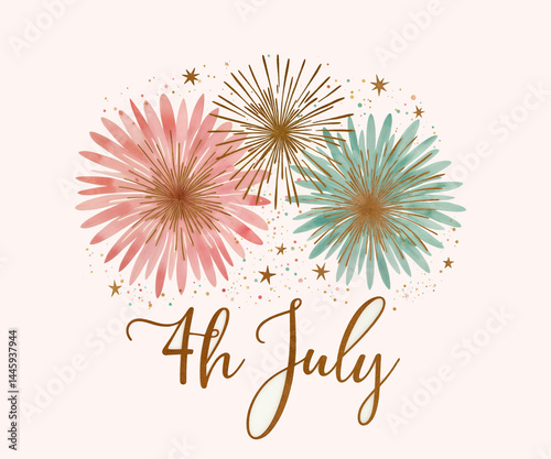 Obraz na płótnie Unique 4th of July poster in pastel pink, mint, and gold with soft watercolor fireworks. Elegant typography for a fresh patriotic design twist w salonie