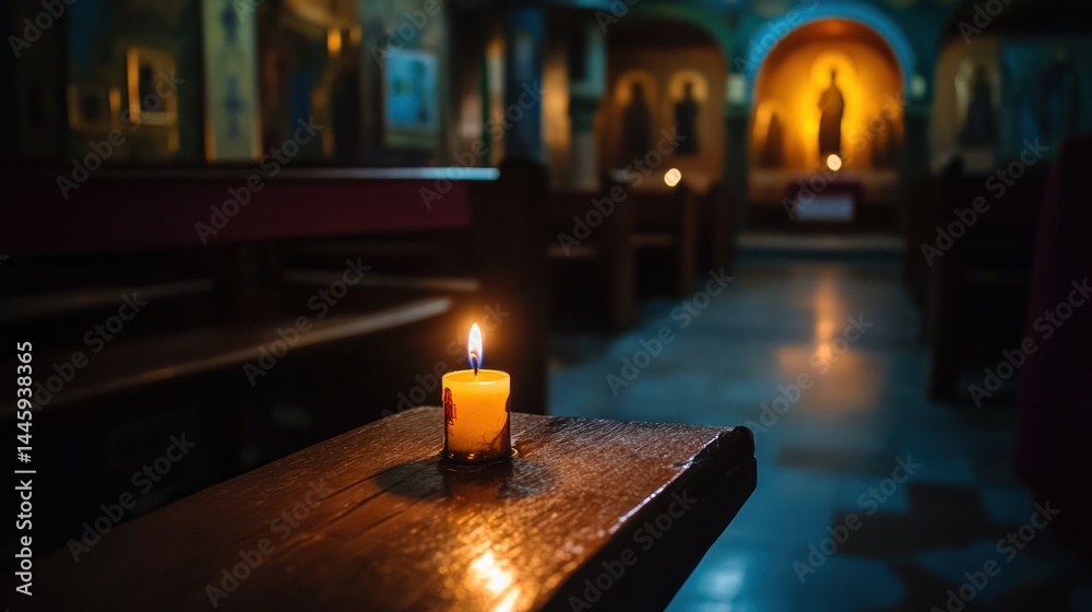 Lit candle on pew in dimly lit church Lit candle on pew in dimly lit church