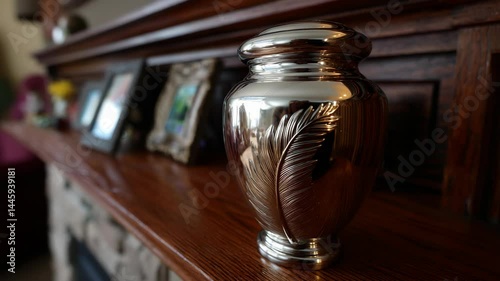 Elegant silver urn with feather design sits on wooden fireplace mantelpiece with blurred picture frames background in a bright interior.