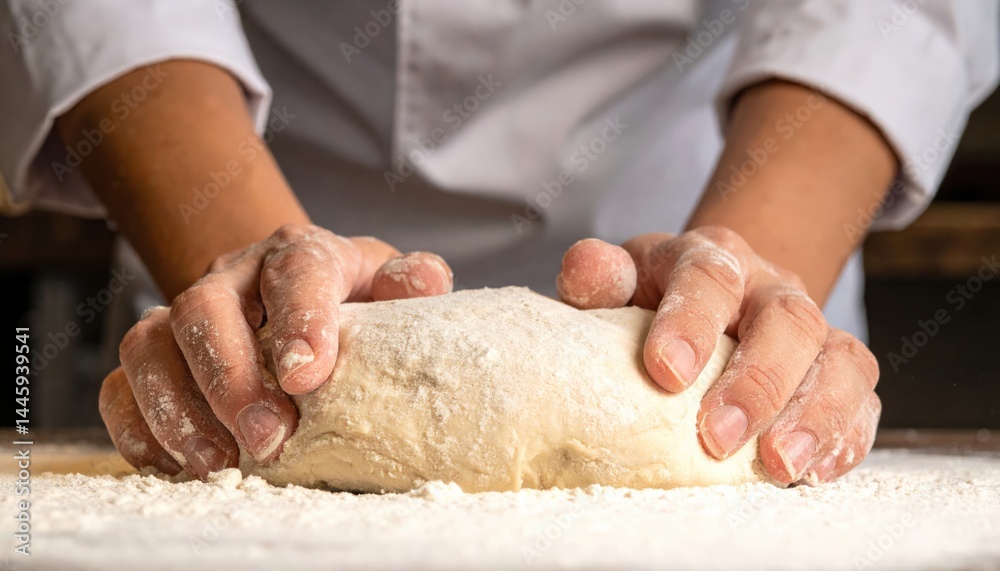 Fototapeta premium Artisan's Touch: Capturing a close-up of hands expertly kneading dough on a floured surface, embodying the artistry and tradition of baking.