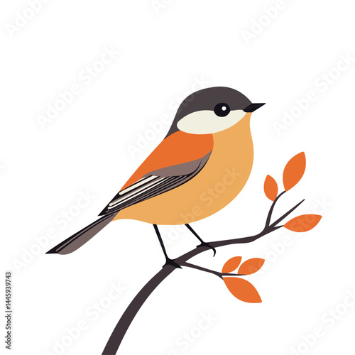 Small Bird Perched On A Branch, Flat vector, minimalist design, isolated on a white background.