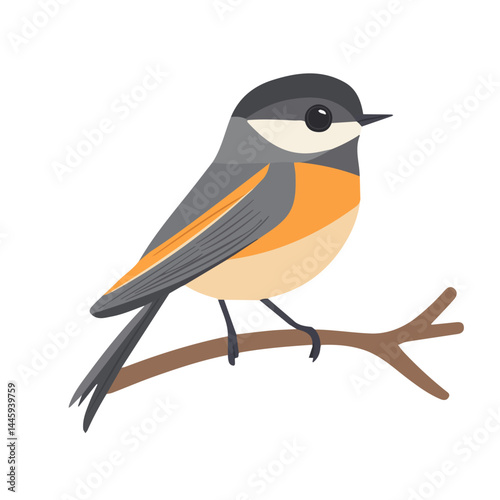Small Bird Resting On A Branch, Flat vector, minimalist design, isolated on a white background.