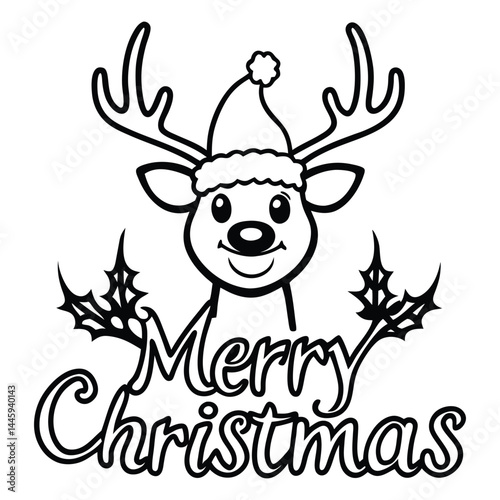 Christmas reindeer with red nose and ribbon holding a blank sign in a winter holiday setting
