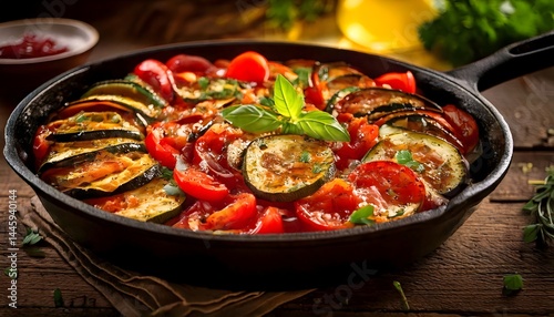 Homemade ratatouille dish with zucchini, tomato and eggplant slices baked in cast iron skillet