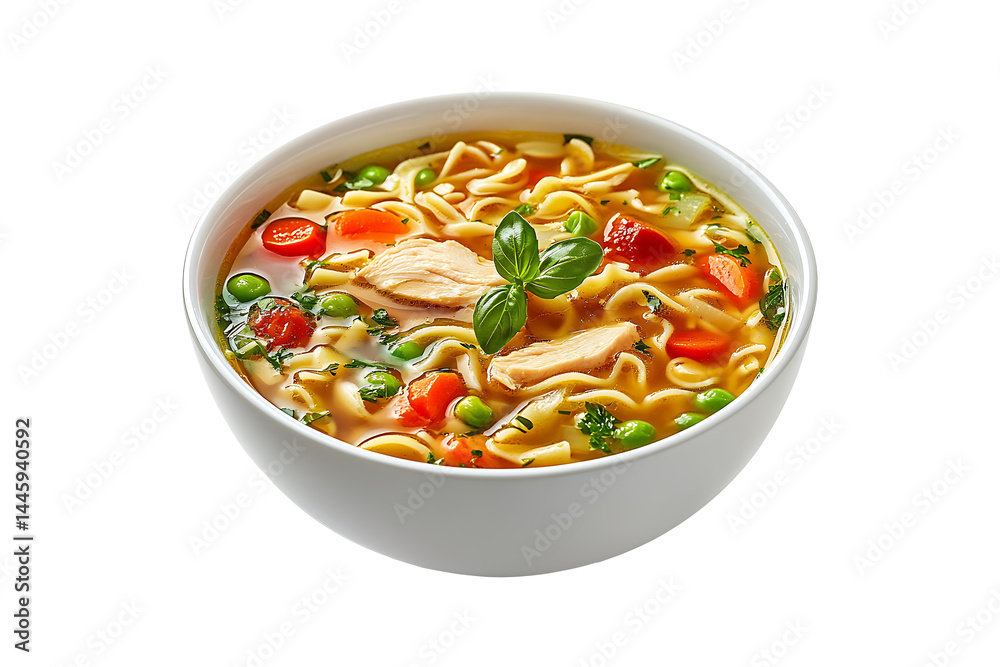 Chicken noodle soup in white bowl isolated on transparent background Chicken noodle soup in white bowl isolated on transparent background