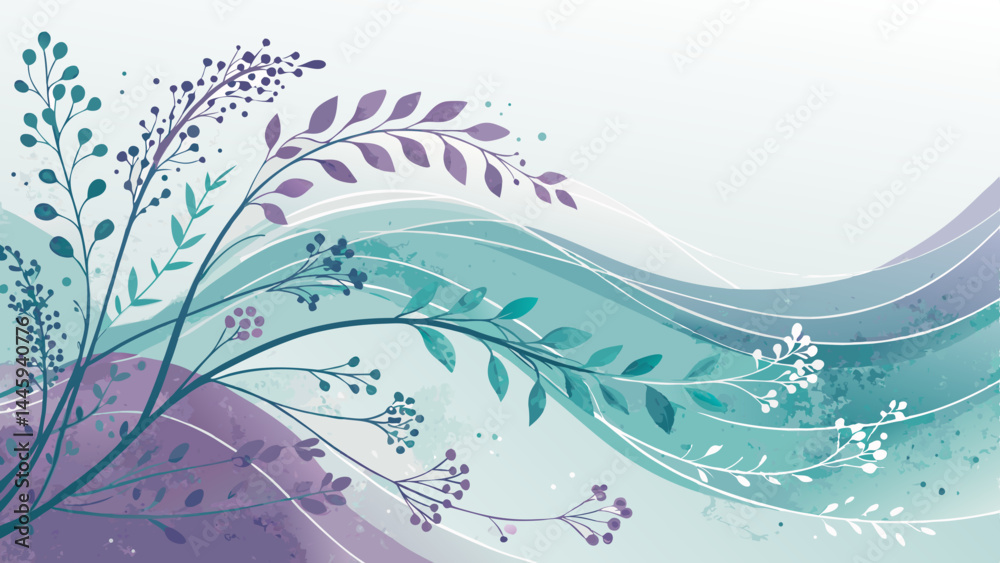 Naklejka premium *Watercolor Abstract Patterns – Flowing Teal & Lavender Brushstrokes – Serene Fundraising Event Backdrop with Copy Space*