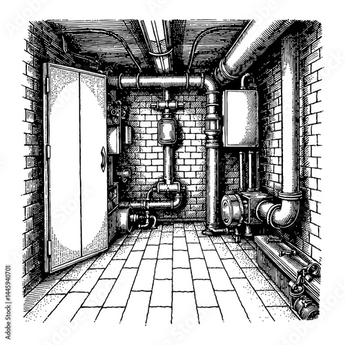 Old Darkroom Basement Interior with Pipes Boiler and Door Black and White Outline Line Art Drawing Engraving Sketch