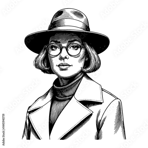 Female Detective Portrait Wearing Hat Coat and Glasses in Black and White Outline Line Art Drawing