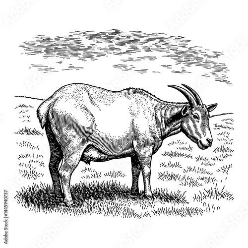 Goat Grazing in a Field Landscape Black and White Outline Line Art Drawing Detailed Etching Illustration