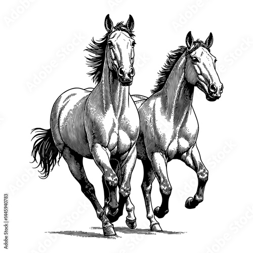 Two Powerful Horses Running Side by Side Vintage Style Black and White Outline Line Art Drawing Illustration