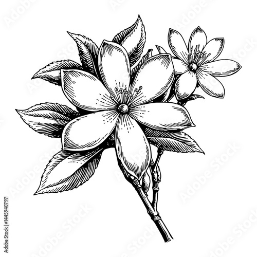 Jasmine Flower Branch with Leaves and Two Flowers Black and White Outline Line Art Drawing Vintage Engraving