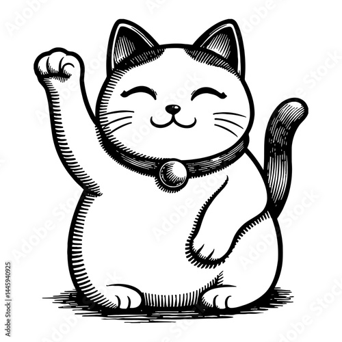 Maneki Neko Beckoning Cat With Raised Paw Closed Eyes Symbol Good Luck Fortune Black and White Outline Line Art Drawing