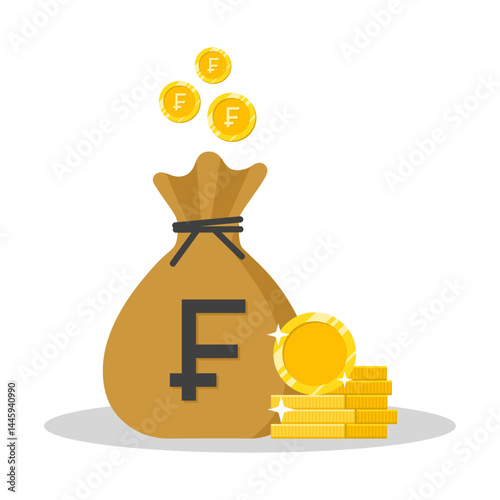 Franc currency money bag with franc symbol gold coins concept vector illustration. Sack with falling coins.