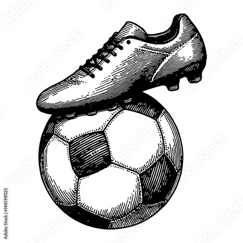 Detailed Classic Soccer Cleat Placed Firmly on Top of a Soccer Ball Black and White Outline Line Art Drawing