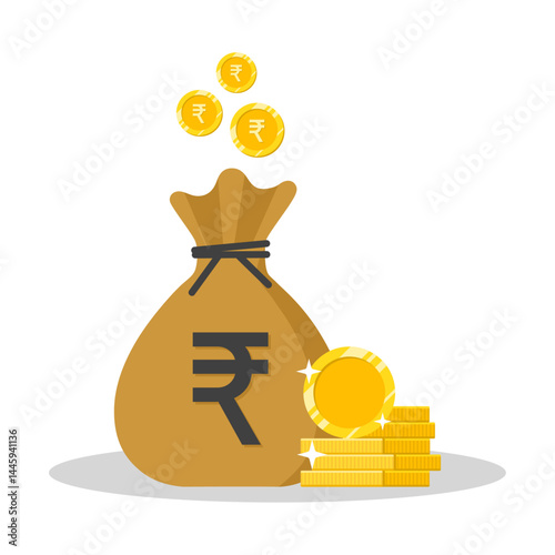 Rupee currency money bag with rupee symbol gold coins concept vector illustration. Sack with falling coins.