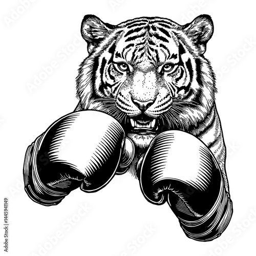 Tiger Wearing Boxing Gloves Punching and Looking at Camera Bust Shot Black and White Outline Line Art Drawing
