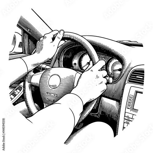 Two Hands Gripping Car Steering Wheel Dashboard Interior Vintage Black and White Outline Line Art Drawing