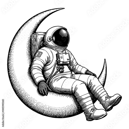 Astronaut Sitting Comfortably on a Crescent Moon Black and White Outline Line Art Drawing Illustration