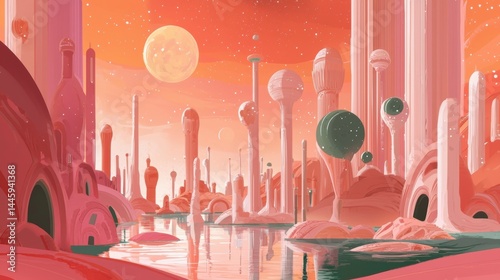 Pink alien city reflected in a tranquil lake under a large orange moon.