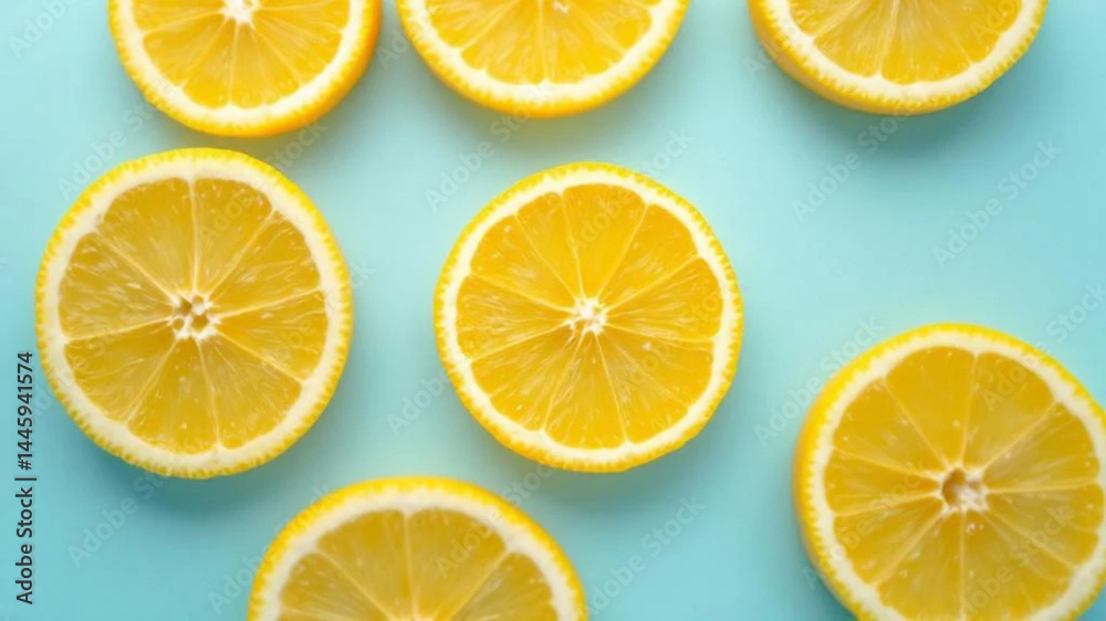 Slices of lemons on blue background.