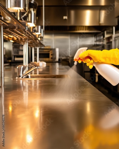Wallpaper Mural Food safety hygiene regulations. Close-Up of Sanitizing Food Prep Counter with Disinfectant Spray in Professional Kitchen Setting Torontodigital.ca