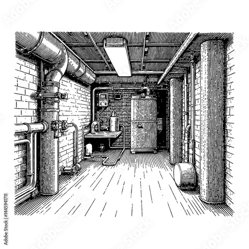 Darkroom Basement with Pipes Boiler and Equipment Interior View Black and White Outline Line Art Drawing