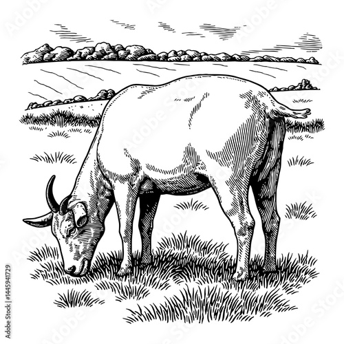 Goat Grazing in a Field Landscape with Hills in the Background Black and White Outline Line Art Drawing