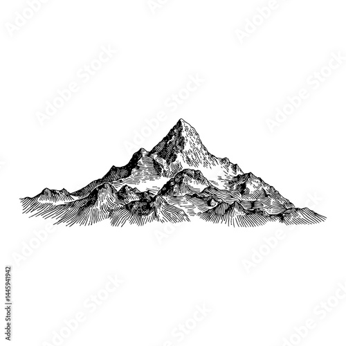 Mountain Peak Range Landscape View Vintage Black and White Outline Line Art Drawing Engraving Detail