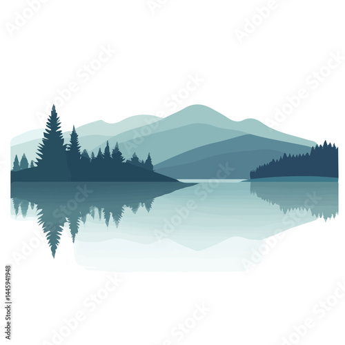 Spring Morning Mist On The Lake, Flat vector, minimalist design, isolated on a white background.