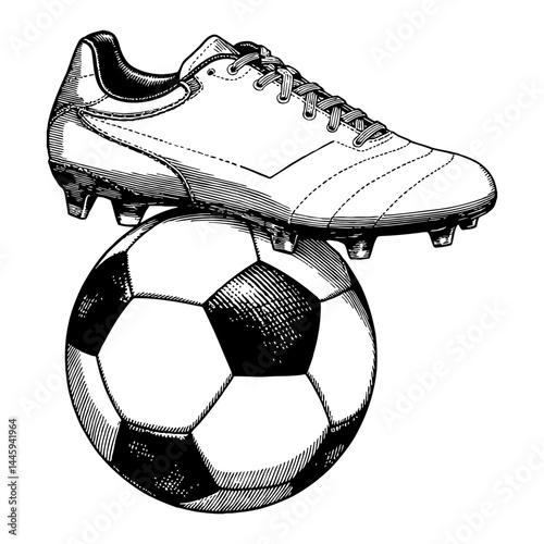 Soccer Cleat on Top of a Soccer Ball Black and White Outline Line Art Drawing Vintage Illustration