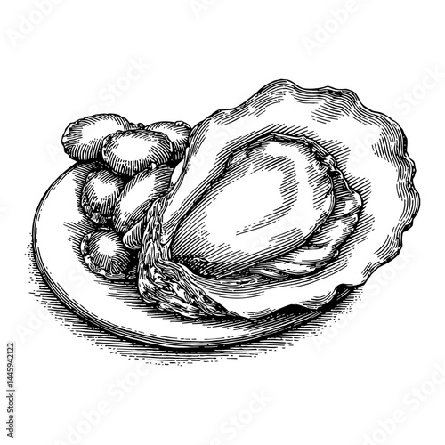 Vintage Engraving Style Illustration of Some Oysters on Plate Black and White Outline Line Art Drawing
