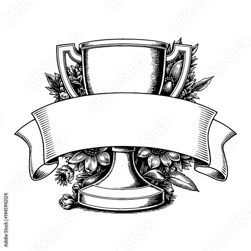 Ornate Trophy Cup Adorned with Blank Banner and Blooming Flowers Black and White Outline Line Art Drawing