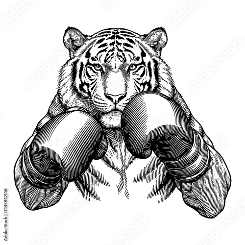 Tiger Wearing Boxing Gloves Punching Looking at Camera Bust Up Black and White Outline Line Art Drawing