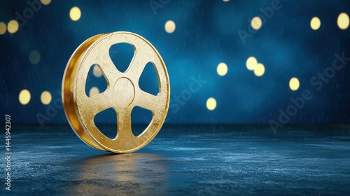 Golden Film Reel on Dark Blue Wet Surface with Bokeh Lights