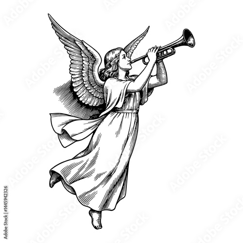 Angel with Wings Blowing Trumpet Black and White Outline Line Art Drawing Illustration Engraving
