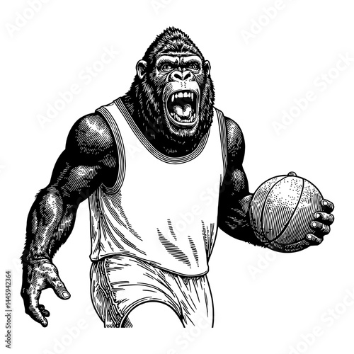 Angry Gorilla Basketball Player in Jersey Holding Ball Front View Black and White Outline Line Art Drawing