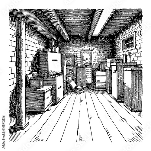 Darkroom Basement Full of Boxes and Clutter Black and White Outline Line Art Drawing