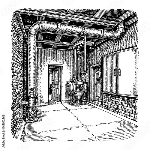 Vintage Darkroom Basement Interior with Pipes Black and White Outline Line Art Drawing Engraved Illustration