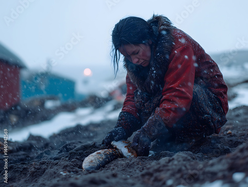 Sámi woman burying fermented fish in snowy landscape during dusk in a remote village