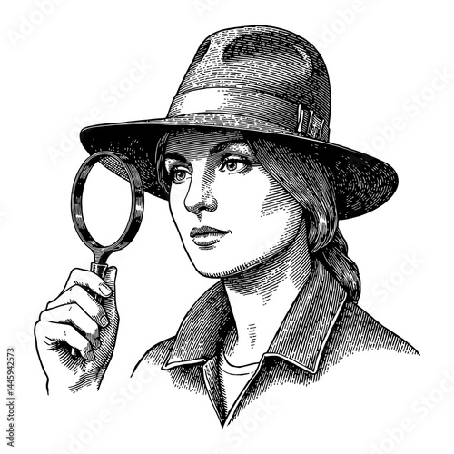 Female Detective in Hat and Coat Holding Magnifying Glass Portrait Black and White Outline Line Art Drawing