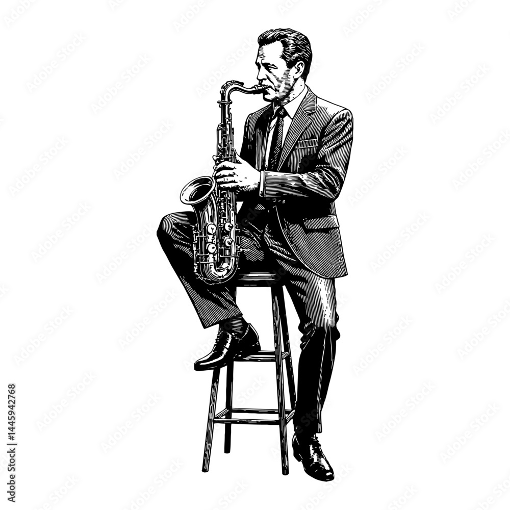 Naklejka premium Man in Suit Playing Saxophone Seated on Stool in Black and White Outline Line Art Drawing