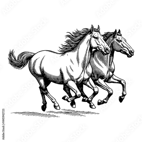 Two Horses Running Powerfully Side by Side Black and White Outline Line Art Drawing Illustration Style