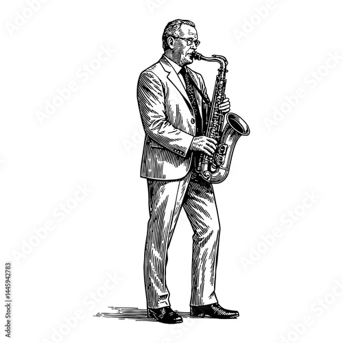 Man in Suit Playing Saxophone Standing in Vintage Retro Style Black and White Outline Line Art Drawing