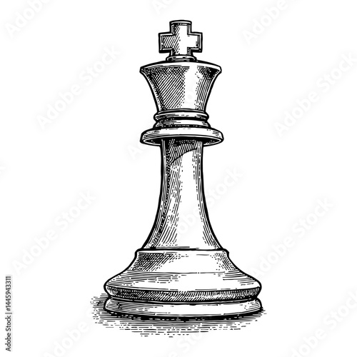 Vintage Engraved Style Chess King Piece Side View Black and White Outline Line Art Drawing Logo
